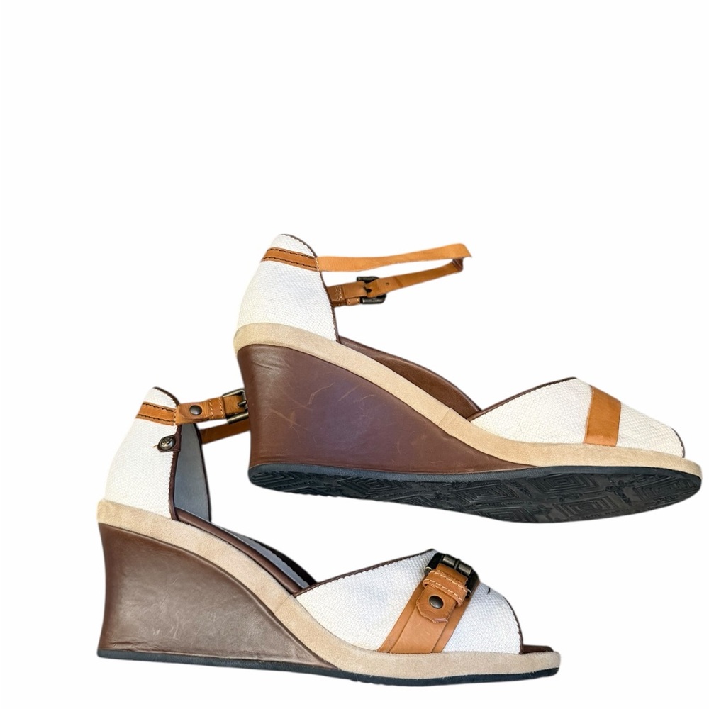 Taryn Rose Tan Leather/Cream Textured Fabric Wedge Sandals 8.5 Made in Italy - Picture 5 of 10